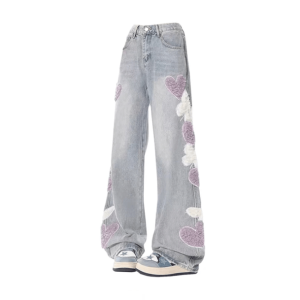 Heart Patchwork Wide Leg Jeans - Y2K Fashion for a Trendy Look