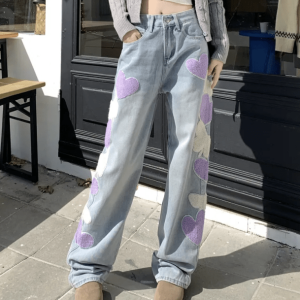 Heart Patchwork Wide Leg Jeans - Y2K Fashion for a Trendy Look