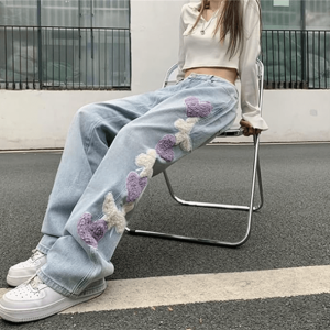 Heart Patchwork Wide Leg Jeans - Y2K Fashion for a Trendy Look