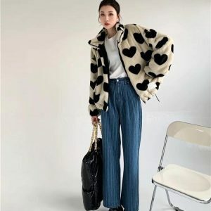 Heart Pattern Teddy Jacket - Y2K Aesthetic Cozy Layer for Cute Outfits