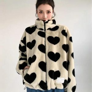 Heart Pattern Teddy Jacket - Y2K Aesthetic Cozy Layer for Cute Outfits