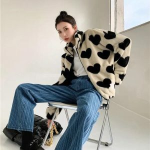 Heart Pattern Teddy Jacket - Y2K Aesthetic Cozy Layer for Cute Outfits