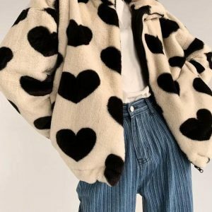 Heart Pattern Teddy Jacket - Y2K Aesthetic Cozy Layer for Cute Outfits