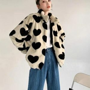 Heart Pattern Teddy Jacket - Y2K Aesthetic Cozy Layer for Cute Outfits