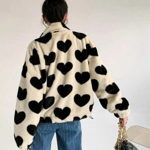 Heart Pattern Teddy Jacket - Y2K Aesthetic Cozy Layer for Cute Outfits