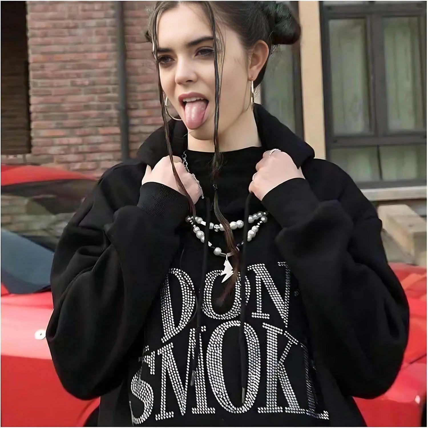 I Don't Smoke Rhinestone Hoodie - Y2K Grunge Aesthetic Fashion