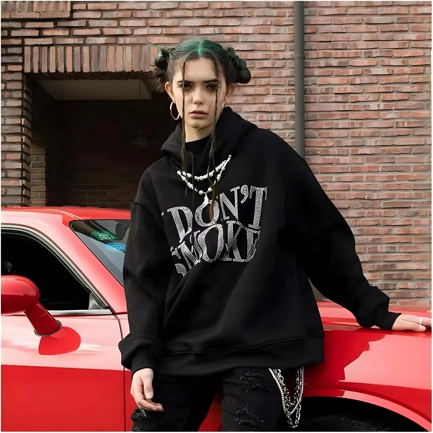 I Don't Smoke Rhinestone Hoodie - Y2K Grunge Aesthetic Fashion