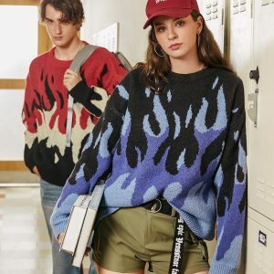 Indie Flame Y2K Knitted Sweater: Cozy Grunge Aesthetic for Effortless Style