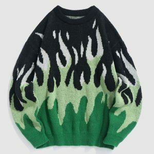 Indie Flame Y2K Knitted Sweater: Cozy Grunge Aesthetic for Effortless Style