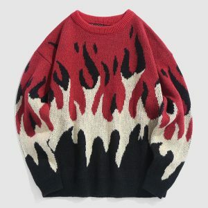 Indie Flame Y2K Knitted Sweater: Cozy Grunge Aesthetic for Effortless Style