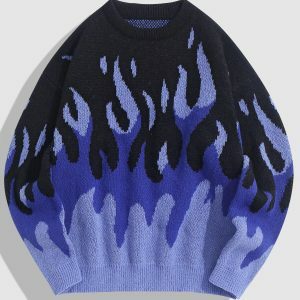 Indie Flame Y2K Knitted Sweater: Cozy Grunge Aesthetic for Effortless Style