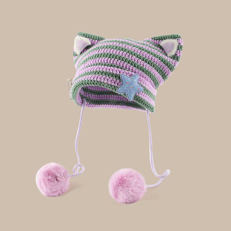 Kawaii Cat Ear Pom-Pom Beanie for Y2K Fashion & Grunge Aesthetic Outfits