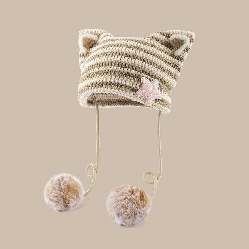 Kawaii Cat Ear Pom-Pom Beanie for Y2K Fashion & Grunge Aesthetic Outfits