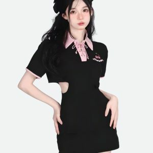 Kawaii Cherry Cut-Out Polo Mini Dress for Y2K Summer Aesthetic