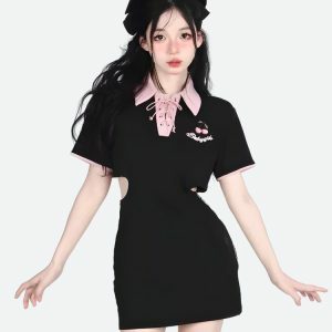 Kawaii Cherry Cut-Out Polo Mini Dress for Y2K Summer Aesthetic