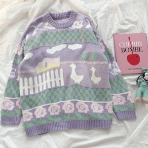 Kawaii Farm Sweater: Y2K Aesthetic Cozy Knit for Cute Summer Outfits