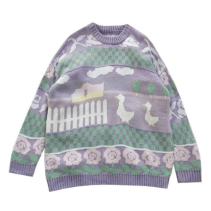 Kawaii Farm Sweater: Y2K Aesthetic Cozy Knit for Cute Summer Outfits