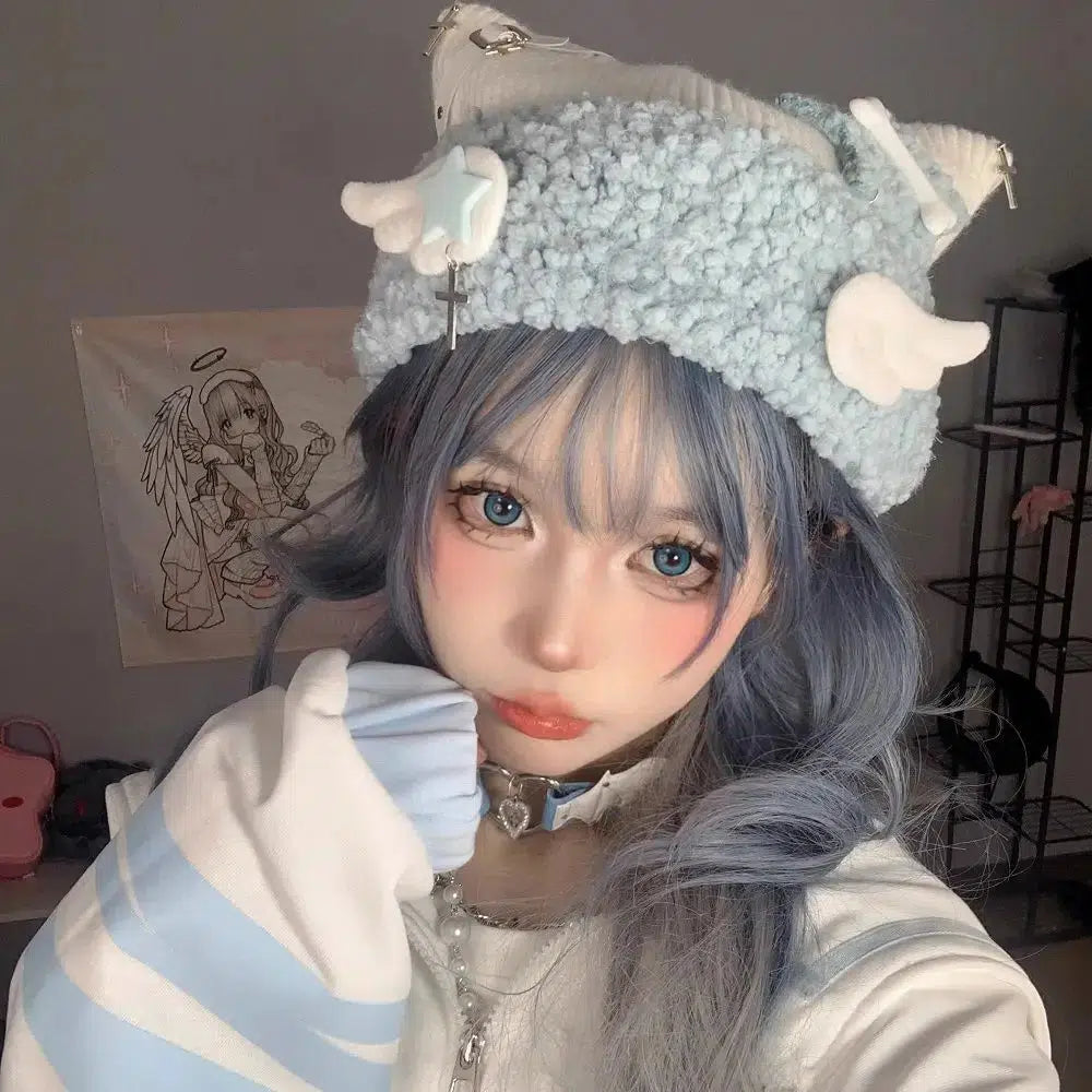 Kawaii Soft Girl Knitted Beanie with Wings for Y2K Aesthetic Style