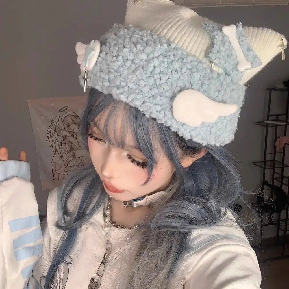 Kawaii Soft Girl Knitted Beanie with Wings for Y2K Aesthetic Style