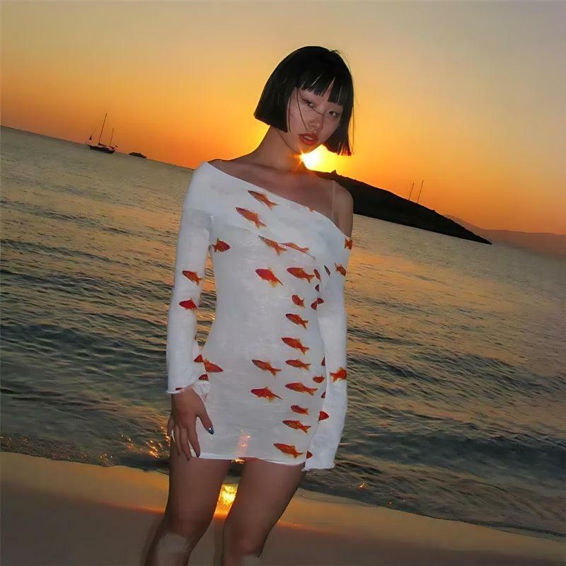 Koi Fish Print Y2K Aesthetic Mesh Mini Dress for Summer Vibes