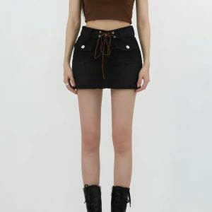 Lace Up Belted Denim Mini Skort - Y2K Fashion Essential for Summer Outfits