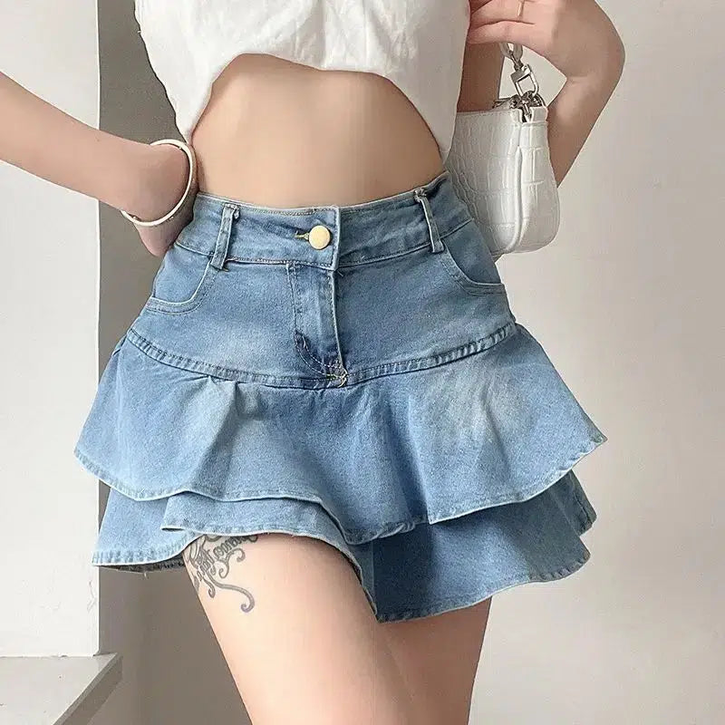 Layered Ruffled Denim Mini Skirt for Y2K Summer Outfits & 90s Fashion