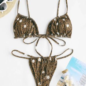 Leopard Daisy Y2K Drawstring Bikini Set for Trendy Summer Vibes