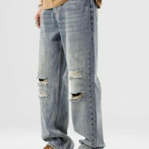 Light Wash Distressed Knee Jeans - Y2K Grunge Style for Effortless Chic