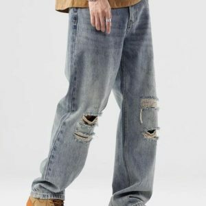 Light Wash Distressed Knee Jeans - Y2K Grunge Style for Effortless Chic