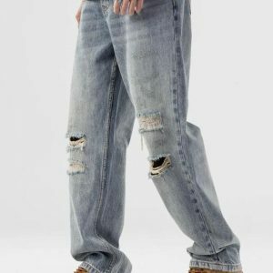 Light Wash Distressed Knee Jeans - Y2K Grunge Style for Effortless Chic