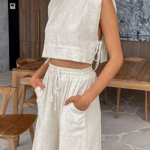 Linen Lace Up Crop Top & Pants Set - Y2K Summer Outfit Essentials