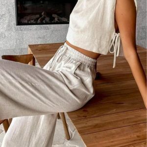 Linen Lace Up Crop Top & Pants Set - Y2K Summer Outfit Essentials