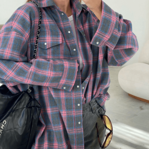 Oversized Pink Plaid Shirt - Y2K Grunge Aesthetic for Effortless Style