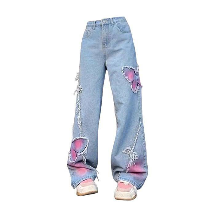 Pastel Butterfly Wide Leg Jeans: Y2K Fashion Meets 90s Aesthetic Style