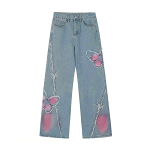 Pastel Butterfly Wide Leg Jeans: Y2K Fashion Meets 90s Aesthetic Style