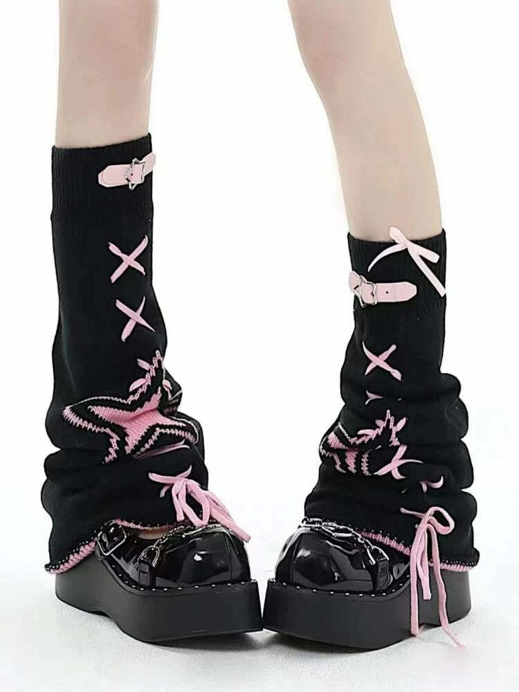 Pastel Goth Lace-Up Belted Leg Warmers for Y2K and Grunge Aesthetic