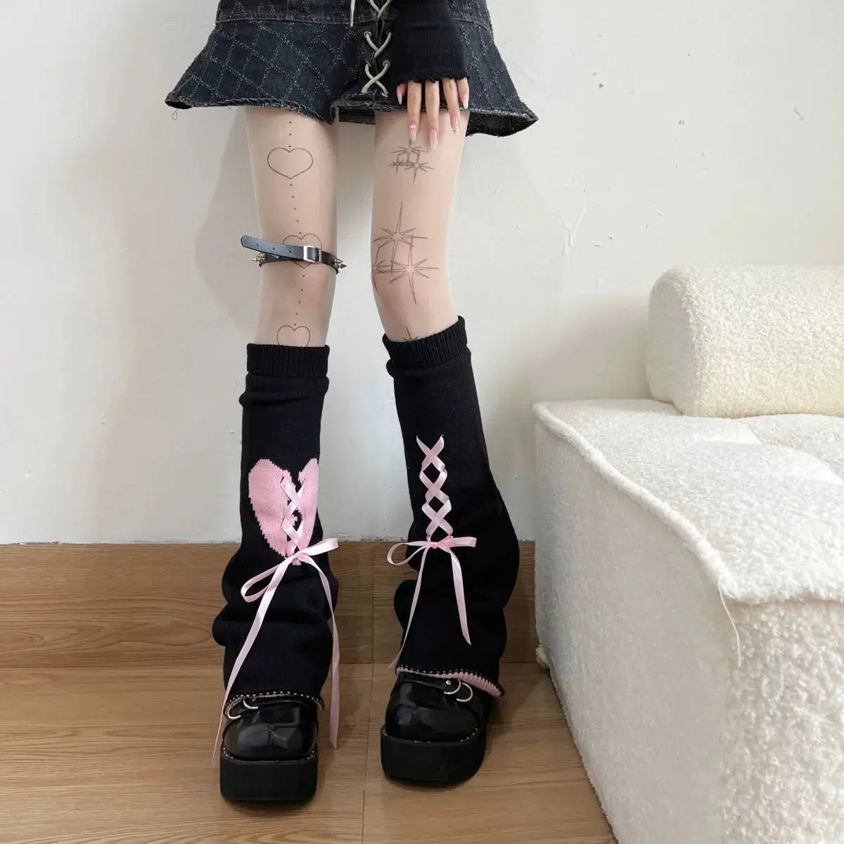 Pastel Goth Lace-Up Leg Warmers for Y2K and Grunge Aesthetic Outfits