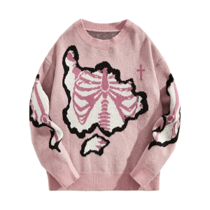 Pastel Pink Skeleton Sweater - Y2K Grunge Aesthetic for Trendy Outfits