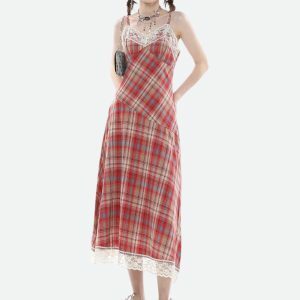 Plaid Lace Midi Dress: Y2K Fashion Meets 90s Aesthetic for Effortless Style