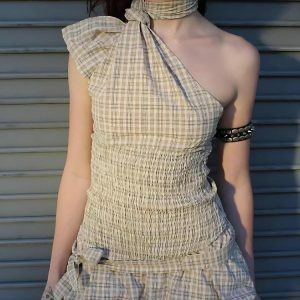 Plaid Ruched Top & Balloon Mini Skirt Y2K Aesthetic Two-Piece Set