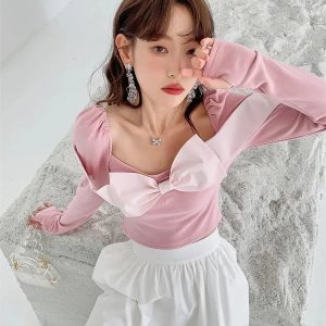 Puff Shoulder Bow Crop Top - Y2K Fashion Essential for Summer Outfits