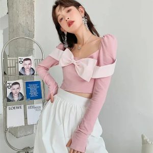 Puff Shoulder Bow Crop Top - Y2K Fashion Essential for Summer Outfits