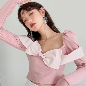 Puff Shoulder Bow Crop Top - Y2K Fashion Essential for Summer Outfits