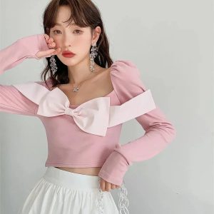 Puff Shoulder Bow Crop Top - Y2K Fashion Essential for Summer Outfits