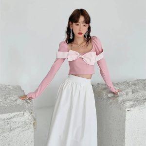 Puff Shoulder Bow Crop Top - Y2K Fashion Essential for Summer Outfits