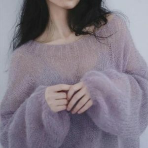 Puff Sleeve Mesh Knit Sweater - Y2K Fashion Essential for Summer Outfits