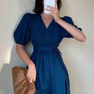 Puff Sleeve Wrap Midi Dress - Y2K Summer Fashion with a Coquette Aesthetic