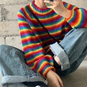 Rainbow Vibes Y2K Sweater: Colorful Grunge Aesthetic for Summer Outfits