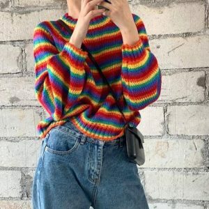 Rainbow Vibes Y2K Sweater: Colorful Grunge Aesthetic for Summer Outfits