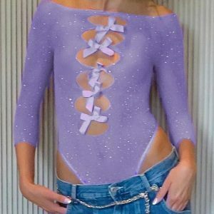 Rhinestone Bow Cut Out Bodysuit - Y2K Fashion Statement Piece